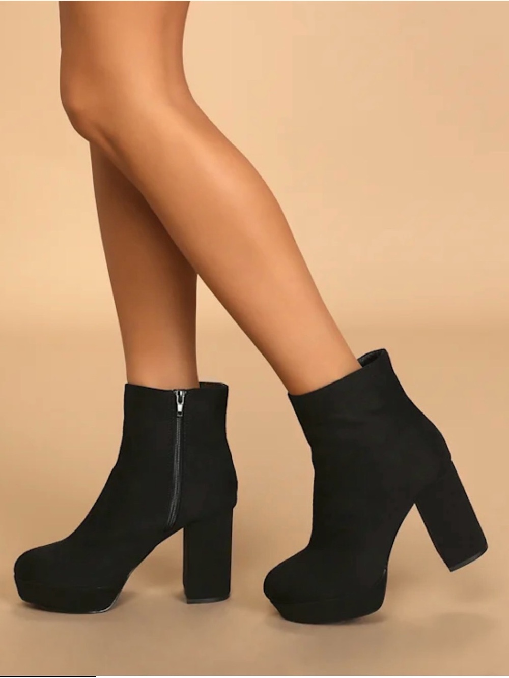 Lulu's Black Suede Platform Ankle Booties with Block Heel